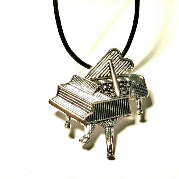 Silver Grand Piano Pin Brooch Necklace - Picture 3 of 11